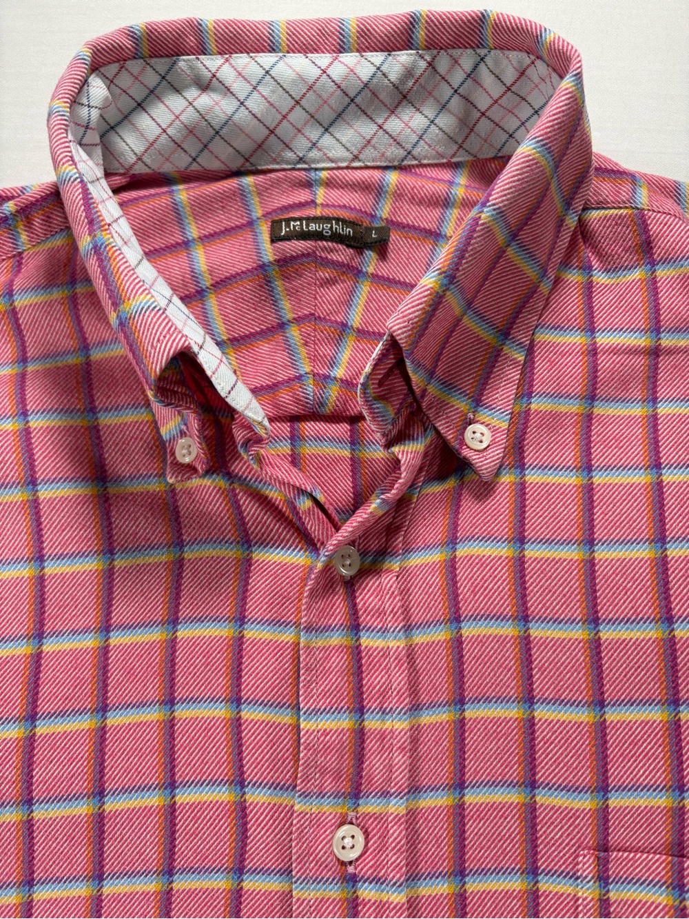 J.McLaughlin Mens L Button Down Shirt Pink Plaid Cotton Flannel Long Sleeve Cuff